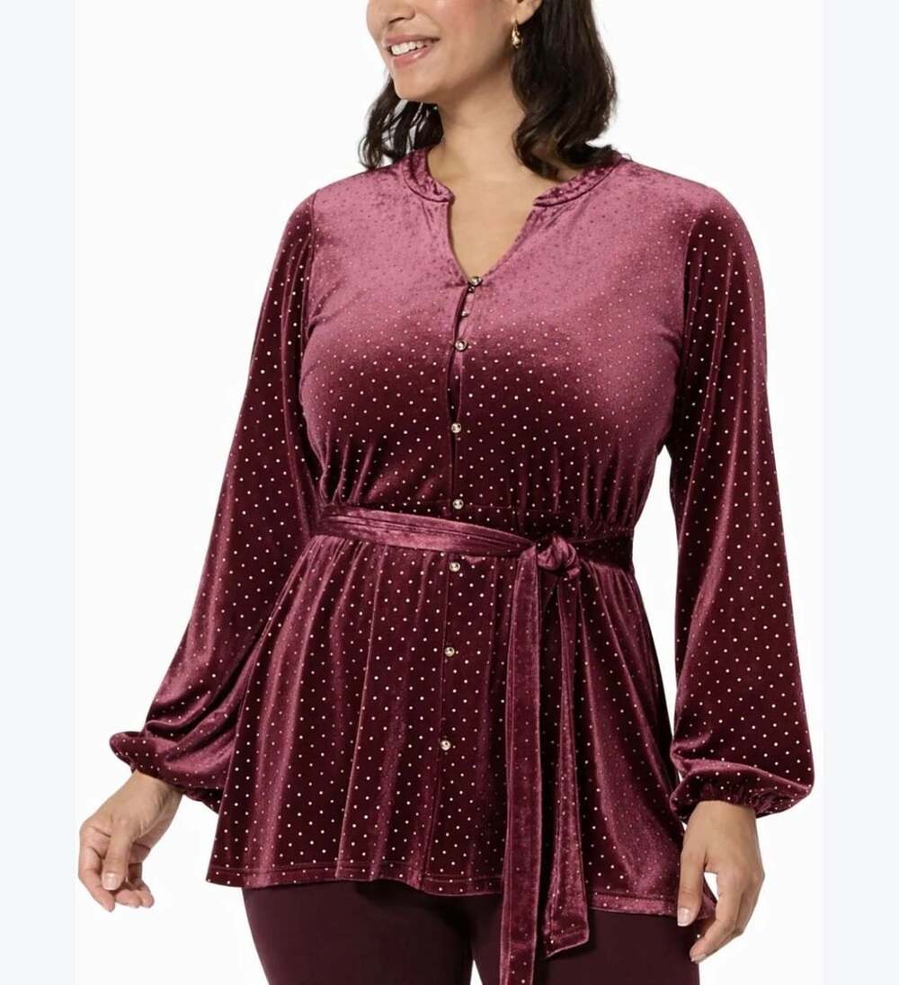 Colleen Lopez Women's Belted Velvet Tunic Cabernet Size Size XXS gold dots NEW